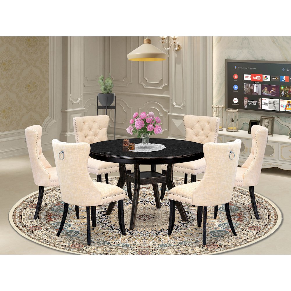 7-Piece Dining Set Of A Wood Table, 6 Light Beige Linen Fabric Kitchen Chair