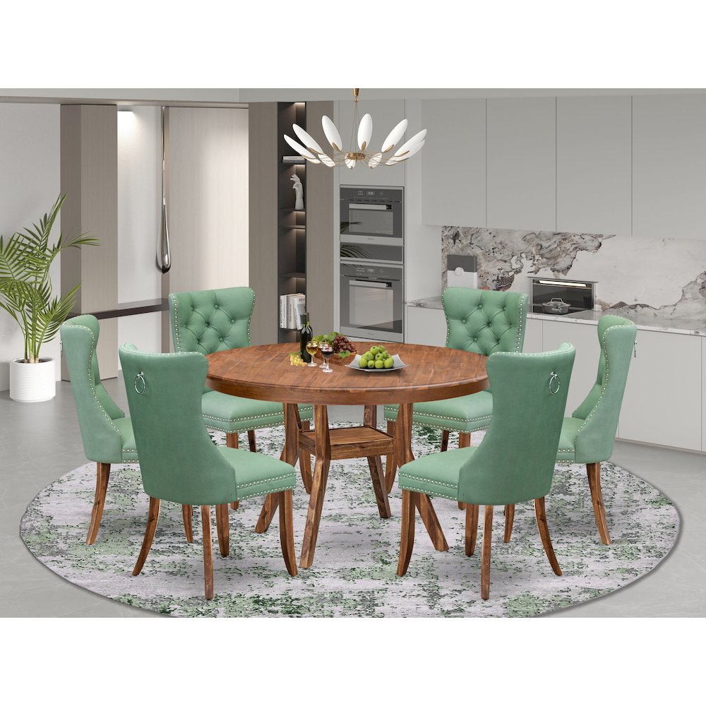 7-Pc Modern Dining Table Set Consist A Table And 6 Willow Green Dining Chairs