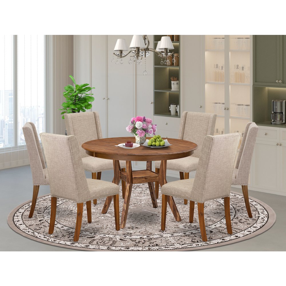 7-Piece Dining A Modern Table And 6 Light Tan Linen Fabric Parsons Chairs