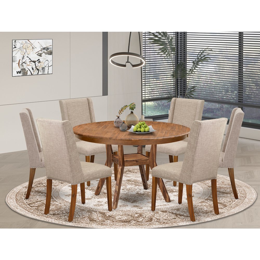 7-Piece Mid Century Dining Set Of A Dinner Table, 6 Light Tan Modern Chair