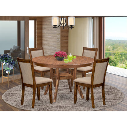 5-Pc Modern Dining Set A Pedestal Wooden Table, 4 Light Tan Fabric Dining Chairs