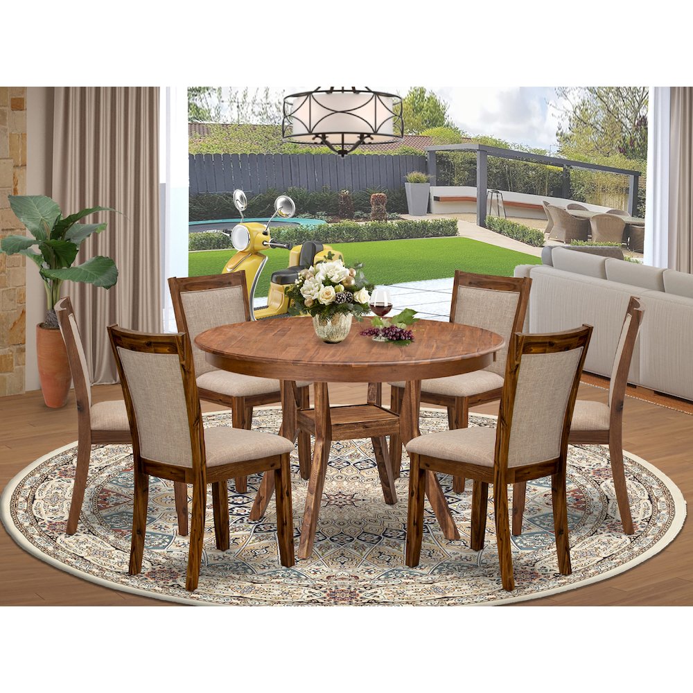 7-Pc Dining Set Of A Pedestal Kitchen Table, 6 Light Tan Upholstered Chairs