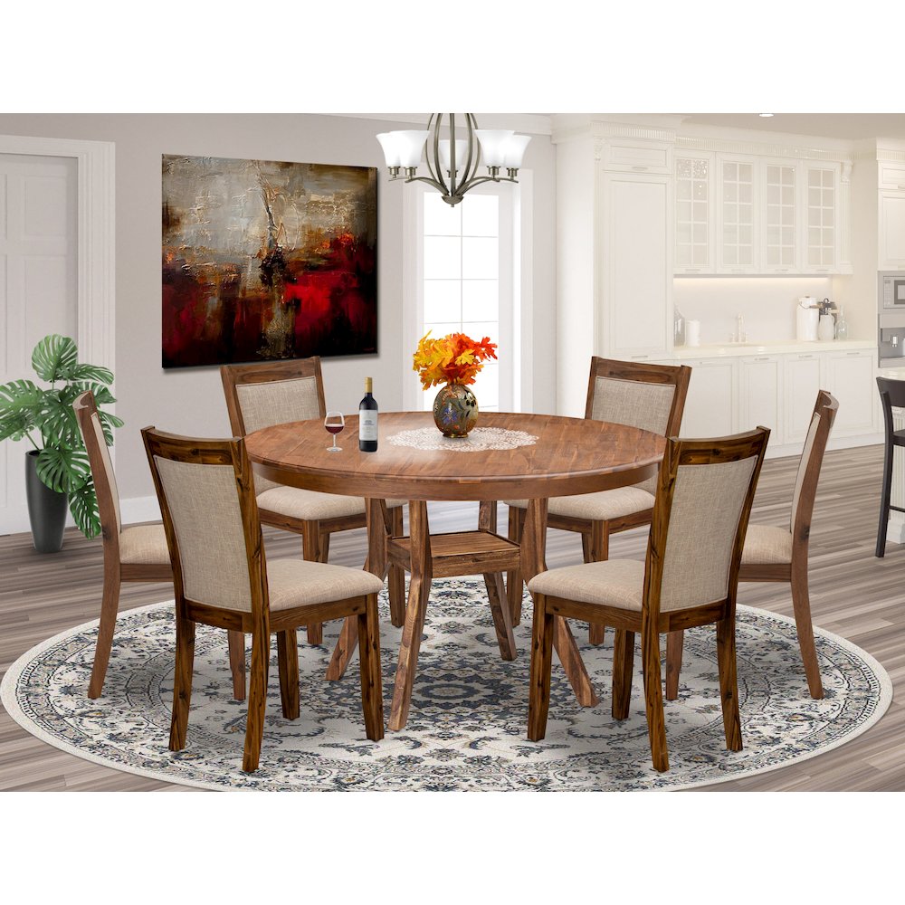 7-Pc Kitchen Table Set Of A Pedestal Breakfast Table, 6 Light Tan Fabric Chairs