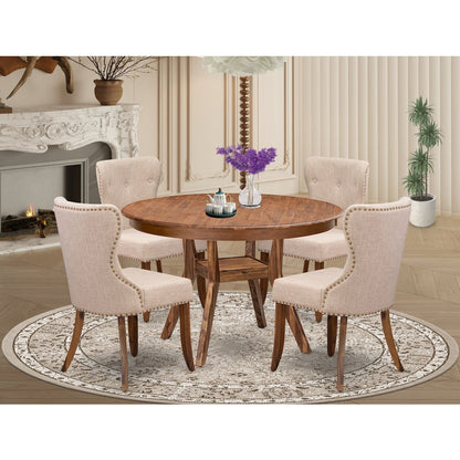 5-Pc Dining Set Of A Pedestal Kitchen Table, 4 Light Tan Fabric Kitchen Chairs
