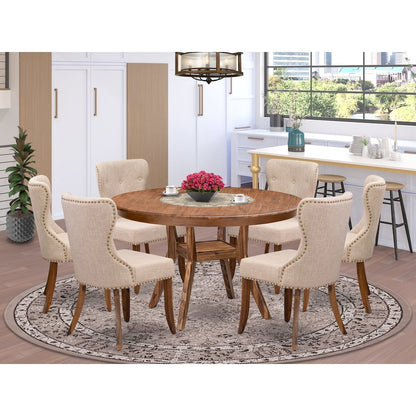7-Pc Dining Set Of A Pedestal Dining Table, 6 Light Tan Fabric Parson Chairs