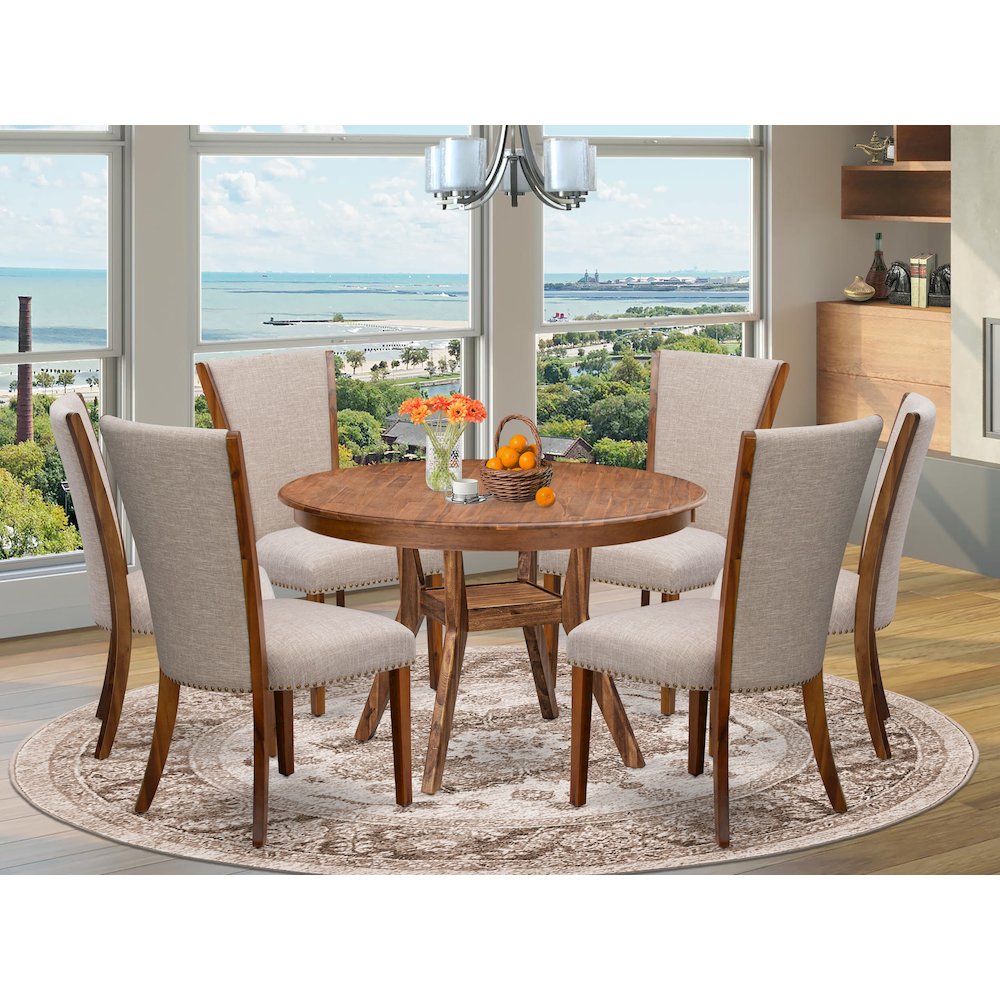7 Piece Kitchen Table Set Includes 48" Round Table In Light Tan Color