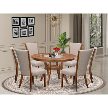 7 Piece Kitchen Table Set Contains 54" Round Table In Light Tan Color