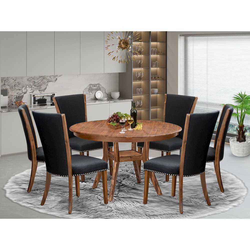 7 Piece Dining Set For 6 Consists Of 54" Round Table In Black Color