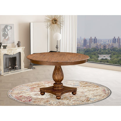 F2MZ7-N04 7-Pc Modern Dining Set - Wooden Pedestal Table and 6 Light Tan Parson Chairs with High Back - Antique Walnut Finish