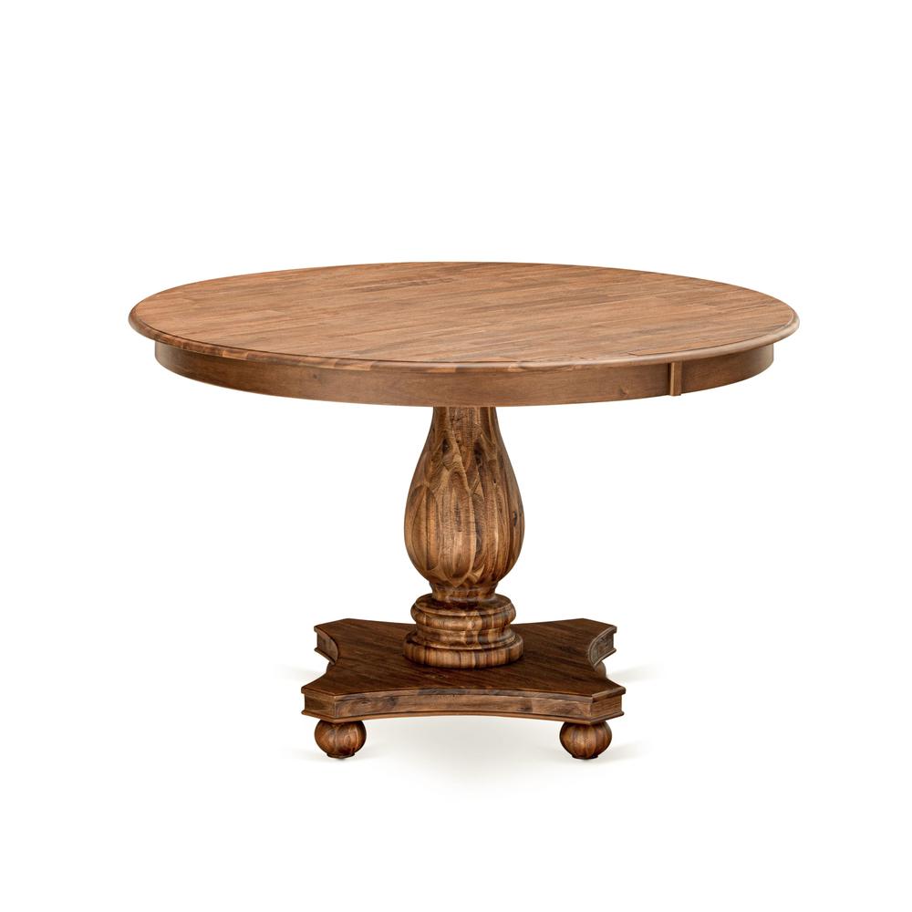 F2MZ7-N04 7-Pc Modern Dining Set - Wooden Pedestal Table and 6 Light Tan Parson Chairs with High Back - Antique Walnut Finish