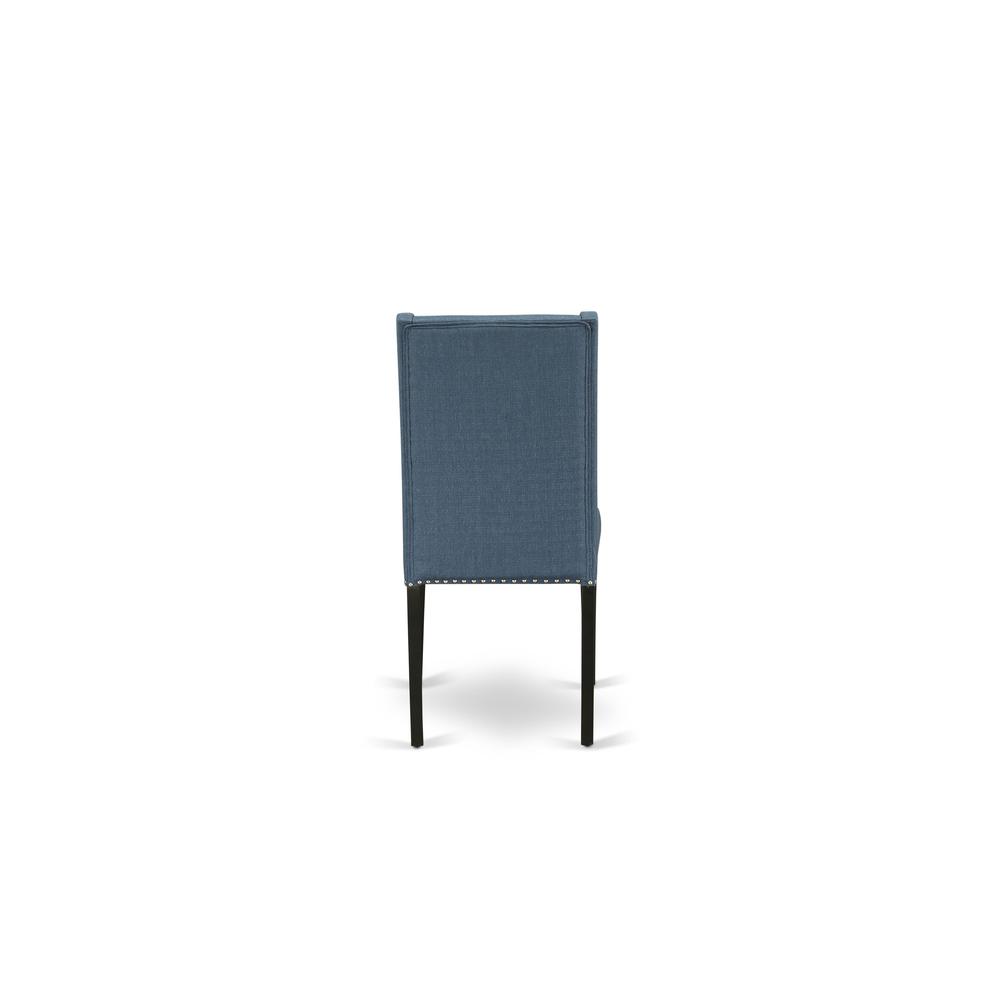 7-piece wood dining table set with Chair’s Legs and Mineral Blue Linen Fabric