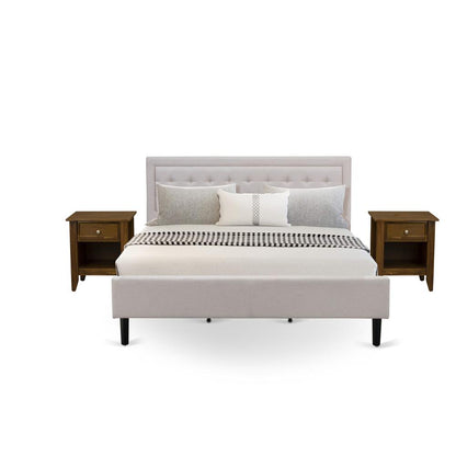 FN08K-2GA08 3-Piece Fannin King Bedroom Set with 1 King Bed Frame and 2 Night Stands for Bedrooms - Mist Beige Linen Fabric
