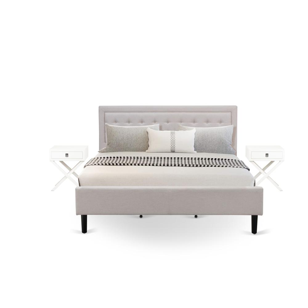 FN08K-2HAE0 3-Piece Fannin King Bedroom Set with 1 Mid Century Bed and 2 Mid Century Modern Nightstands - Mist Beige Linen Fabric