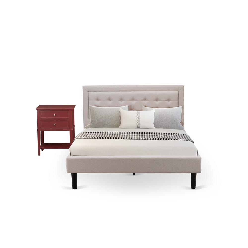 FN08Q-1VL13 2-Piece Fannin Queen Bed Set Furniture with 1 Queen Wood Bed Frame and a Night Stand - Mist Beige Linen Fabric