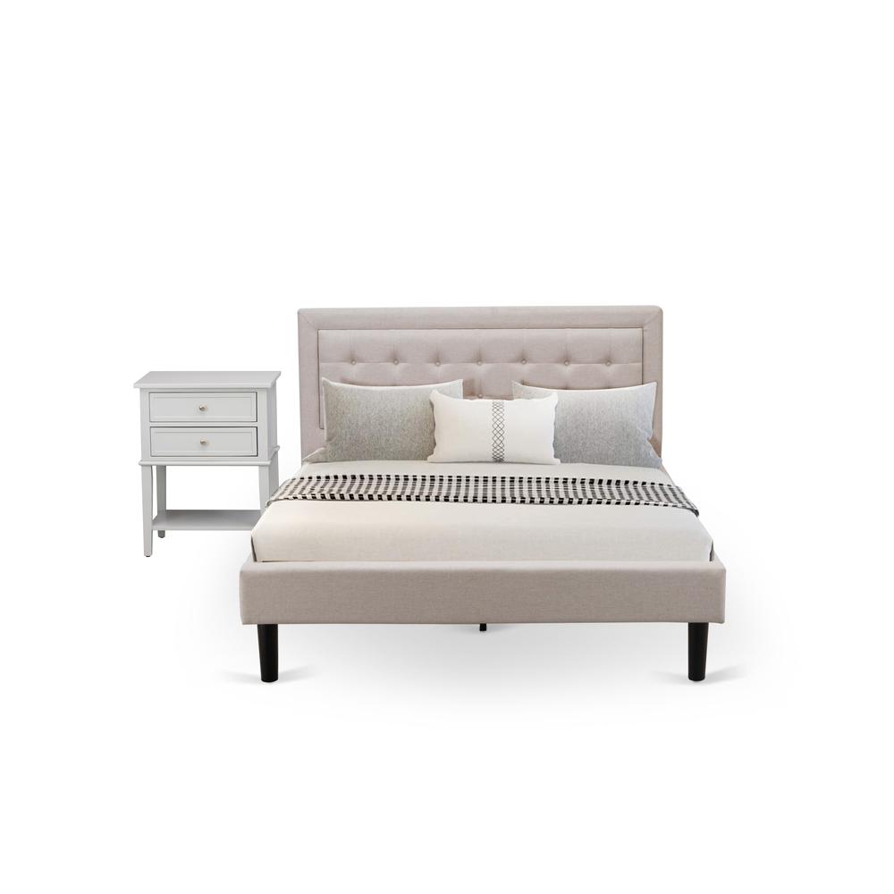 FN08Q-1VL14 2-Piece Fannin Bed Set with 1 Platform Bed and a Bedroom Nightstand - Mist Beige Linen Fabric