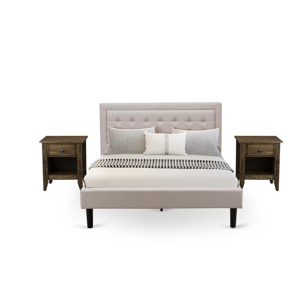 FN08Q-2GA07 3-Piece Fannin Bedroom Furniture Set with 1 Platform Bed Frame and 2 Bedroom Nightstands - Mist Beige Linen Fabric