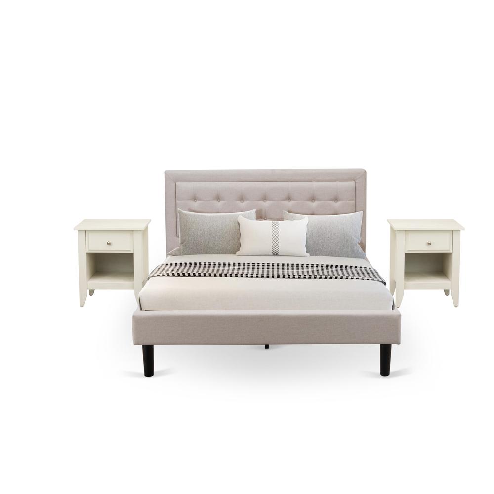 FN08Q-2GA0C 3-Piece Fannin Bedroom Furniture Set with 1 Queen Size Bed and 2 Mid Century Nightstands - Mist Beige Linen Fabric