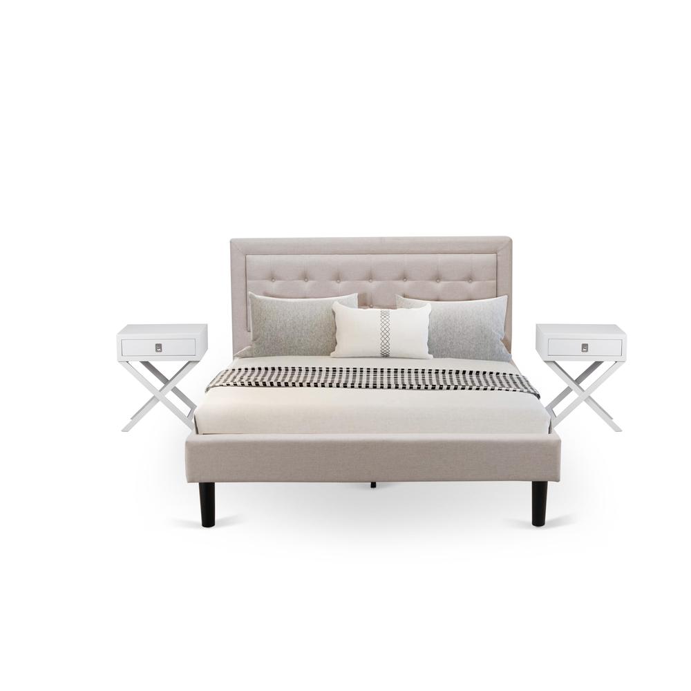 FN08Q-2HAE0 3-Piece Fannin Bedroom Furniture Set with 1 Modern Bed and 2 Mid Century Modern Nightstands - Mist Beige Linen Fabric