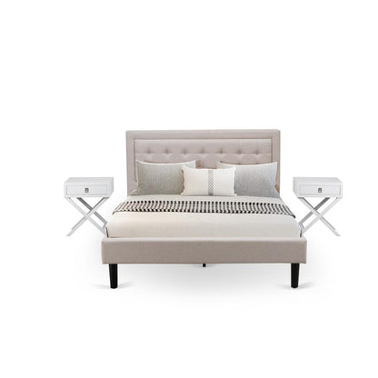 FN08Q-2HAE0 3-Piece Fannin Bedroom Furniture Set with 1 Modern Bed and 2 Mid Century Modern Nightstands - Mist Beige Linen Fabric