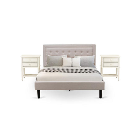 FN08Q-2VL0C 3-Piece Platform Bedroom Set with 1 Queen Size Bed Frame and 2 Small End Tables - Mist Beige Linen Fabric