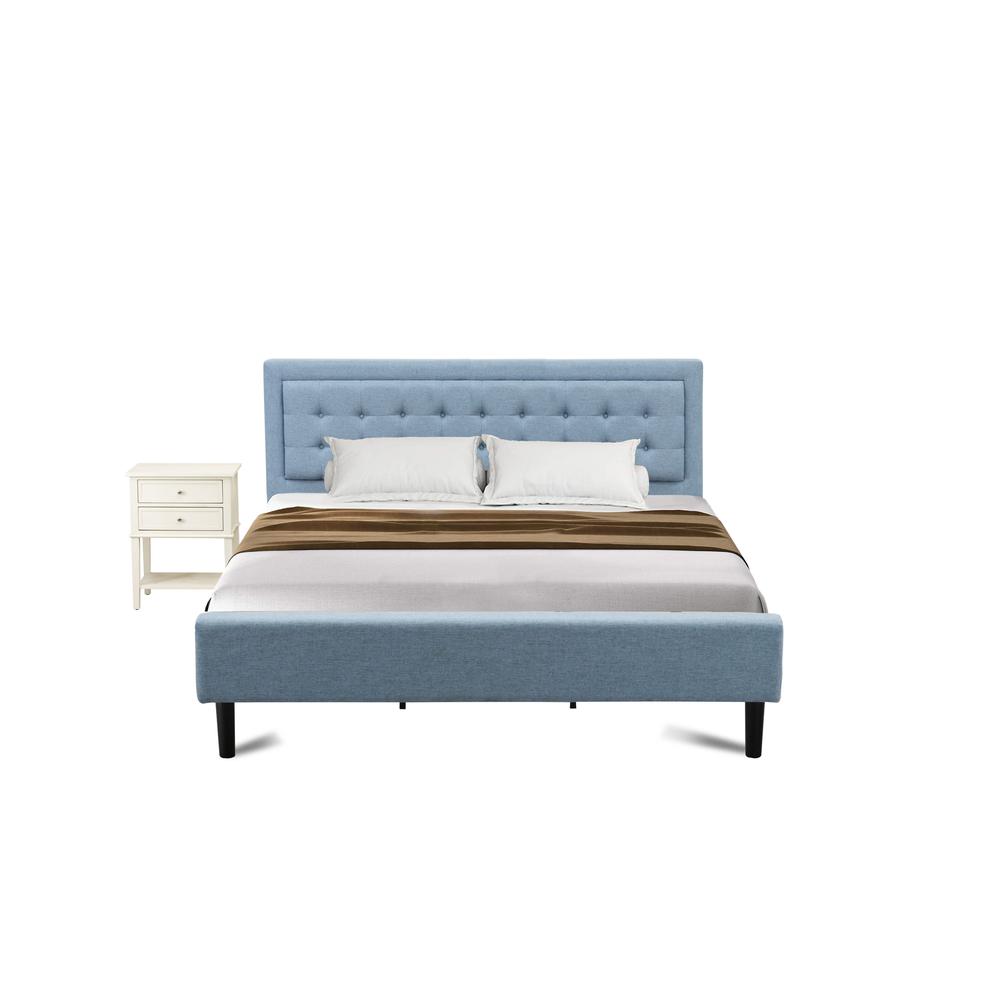 FN11K-1VL0C 2-Piece Platform Bed Set with 1 King Size Bed and a Small Nightstand - Denim Blue Linen Fabric