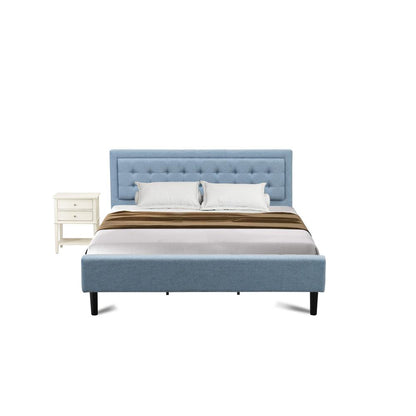 FN11K-1VL0C 2-Piece Platform Bed Set with 1 King Size Bed and a Small Nightstand - Denim Blue Linen Fabric