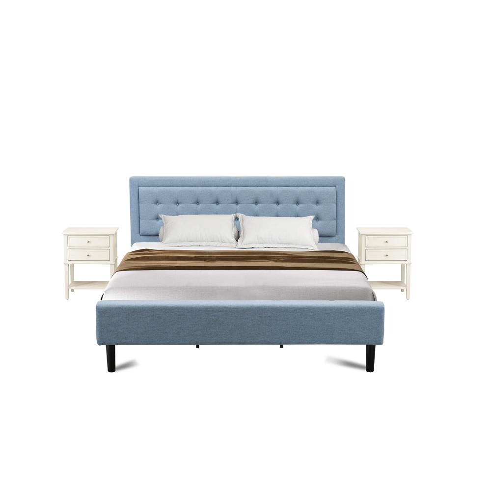 FN11K-2VL0C 3-Piece Platform Bed Set with 1 Modern Bed and 2 Bedroom Nightstands - Denim Blue Linen Fabric