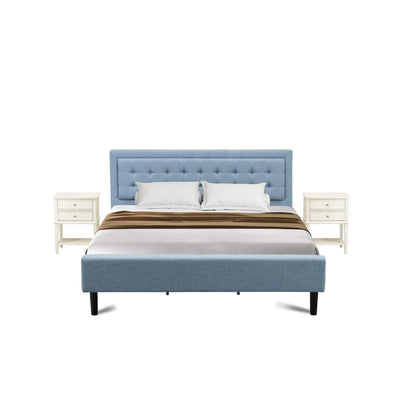 FN11K-2VL0C 3-Piece Platform Bed Set with 1 Modern Bed and 2 Bedroom Nightstands - Denim Blue Linen Fabric