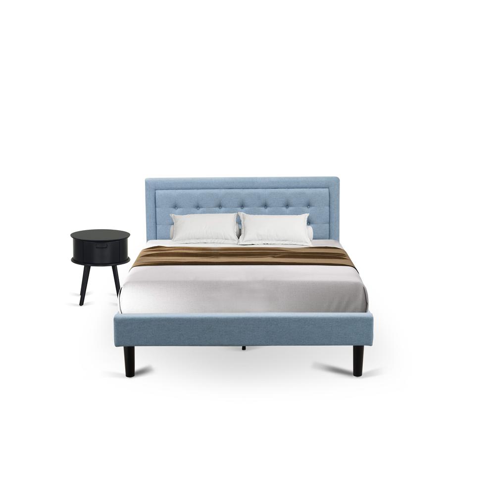 FN11Q-1GO15 2-Piece Platform Bedroom Furniture Set with 1 Platform Bed and a Wood Nightstand - Denim Blue Linen Fabric