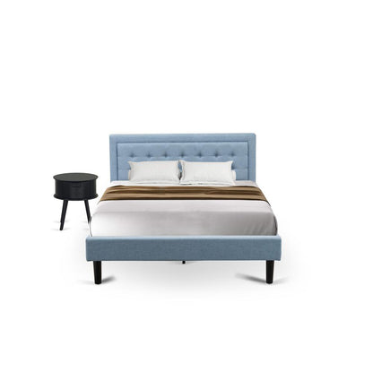 FN11Q-1GO15 2-Piece Platform Bedroom Furniture Set with 1 Platform Bed and a Wood Nightstand - Denim Blue Linen Fabric