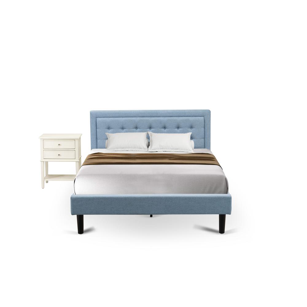 FN11Q-1VL0C 2-Pc Platform Queen Bed Set Furniture with 1 Wood Bed Frame and a Night Stand for Bedrooms - Denim Blue Linen Fabric