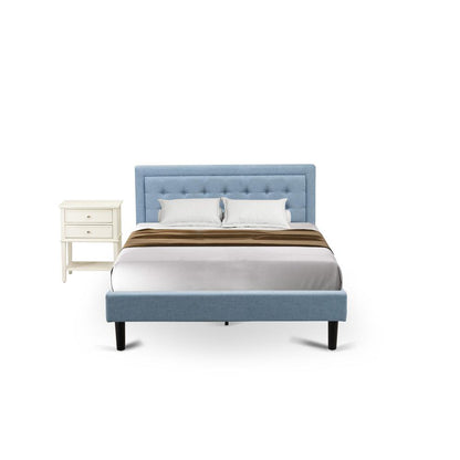 FN11Q-1VL0C 2-Pc Platform Queen Bed Set Furniture with 1 Wood Bed Frame and a Night Stand for Bedrooms - Denim Blue Linen Fabric