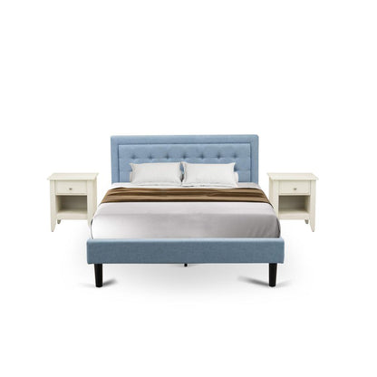 FN11Q-2GA0C 3-Piece Fannin Queen Bedroom Set with 1 Modern Bed and 2 Night Stands for Bedrooms - Denim Blue Linen Fabric