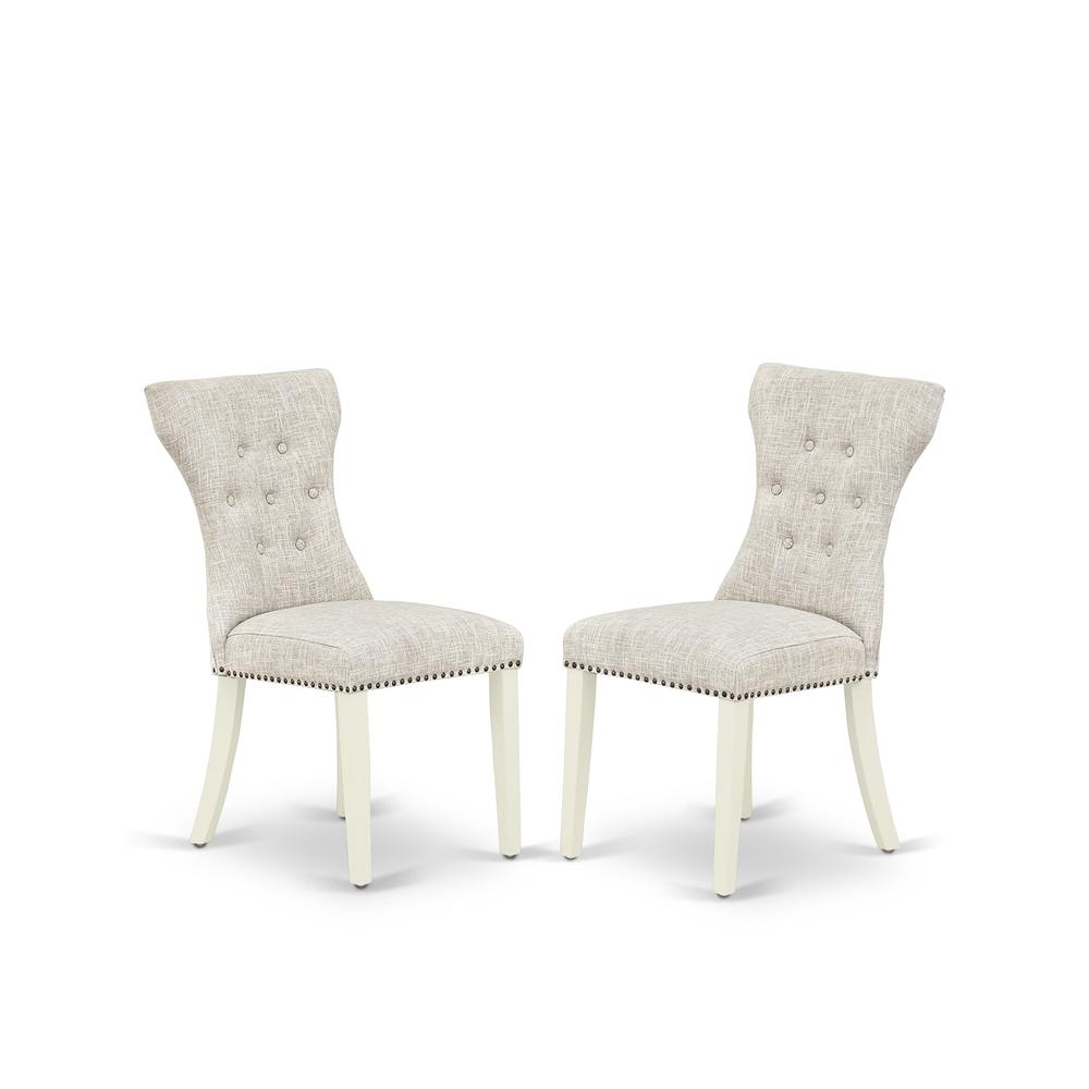 East West Furniture DMGA5-LWH-35 5 Piece Dinning Table Set Consists of 1 Drop Leaves Dining Table and 4 Doeskin Linen Fabric Parson Chairs Button Tufted Back with Nail Heads - Linen White Finish