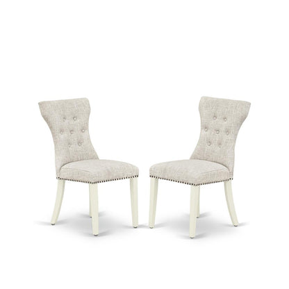 East West Furniture DMGA5-LWH-35 5 Piece Dinning Table Set Consists of 1 Drop Leaves Dining Table and 4 Doeskin Linen Fabric Parson Chairs Button Tufted Back with Nail Heads - Linen White Finish