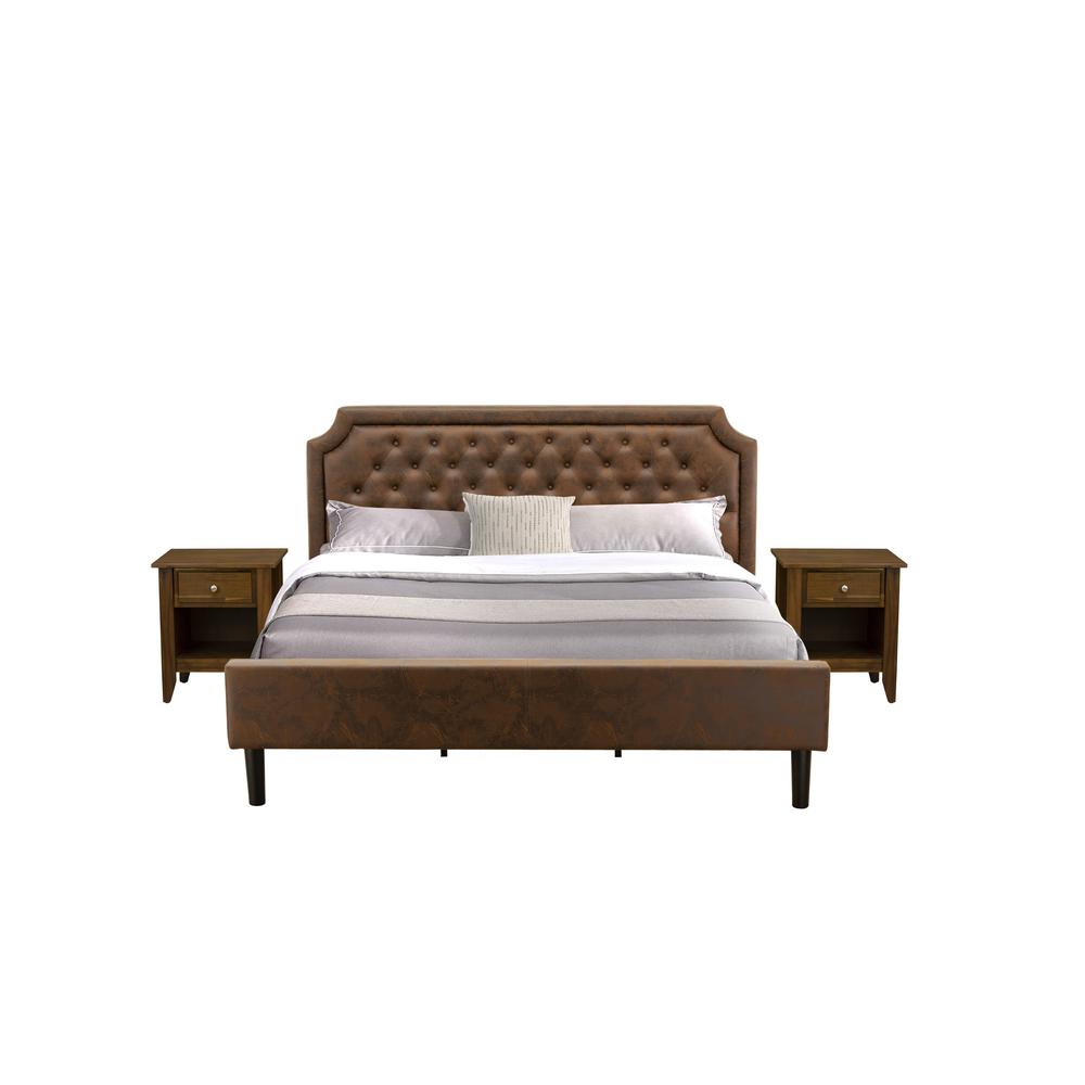 GB25K-2GA08 3-Pc Bedroom Set with a King Bed and 2 Antique Walnut Mid Century Nightstands - Dark Brown Faux Leather and Black Legs