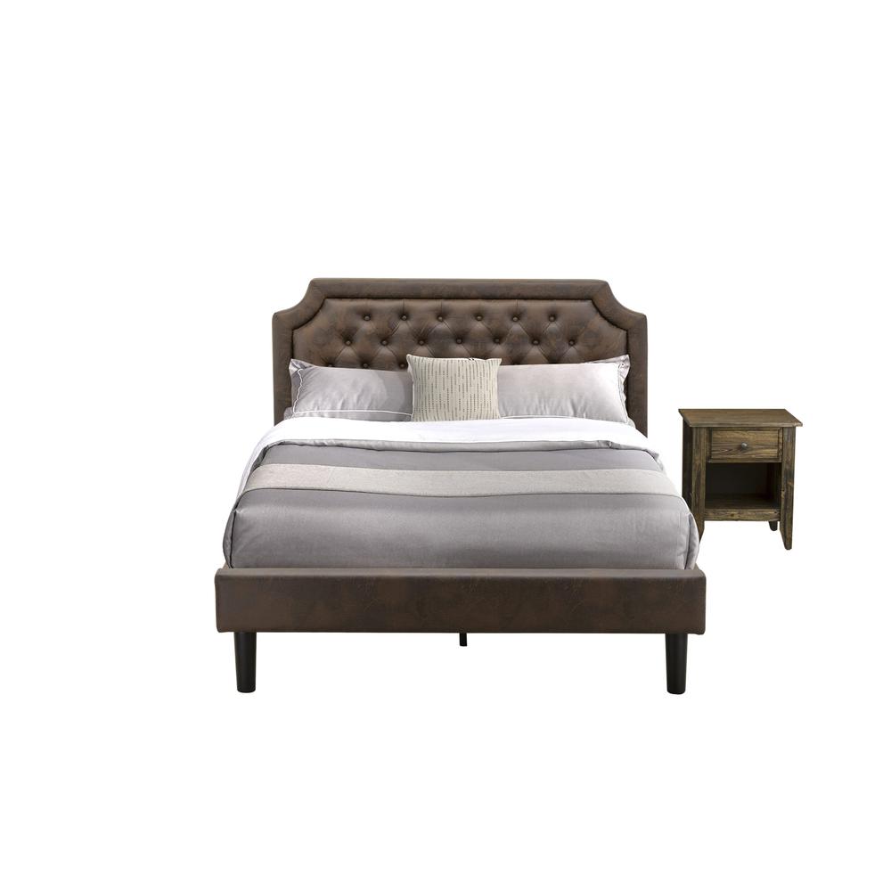 GB25Q-1GA07 2-Piece Wooden Set for Bedroom with Bed and 1 Distressed Jacobean Night Stand - Dark Brown Faux Leather and Black Legs