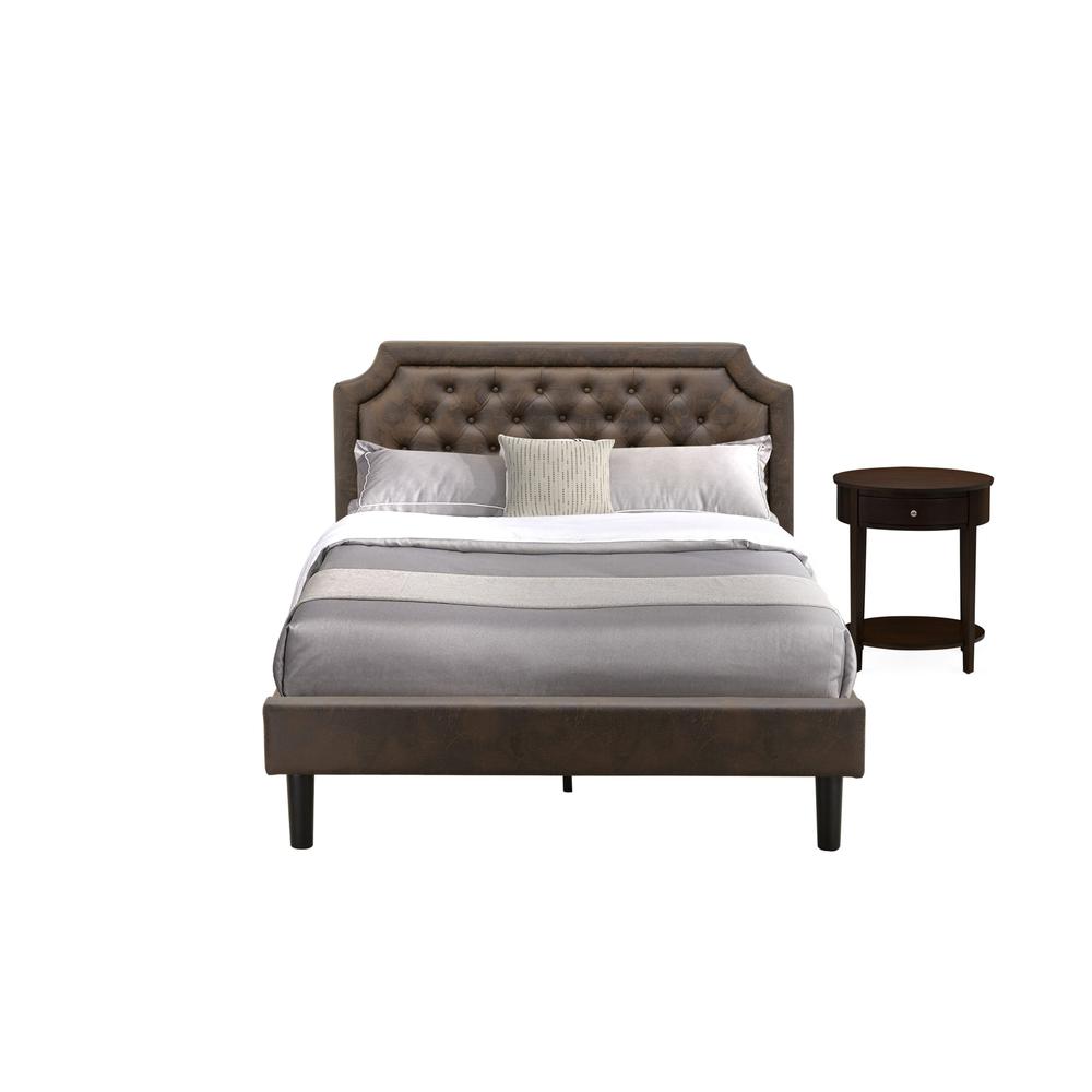 GB25Q-1HI0M 2-Piece Bedroom Set with Mid Century Bed and 1 Antique Mahogany Night Stand - Dark Brown Faux Leather and Black Legs