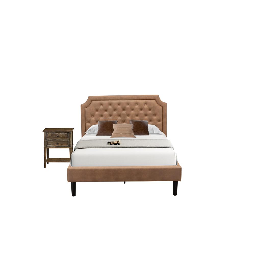 GB28F-1VL07 2-Piece Platform Bedroom set with Full Bed and Distressed Jacobean Night Stand - Brown Faux Leather and Black Legs