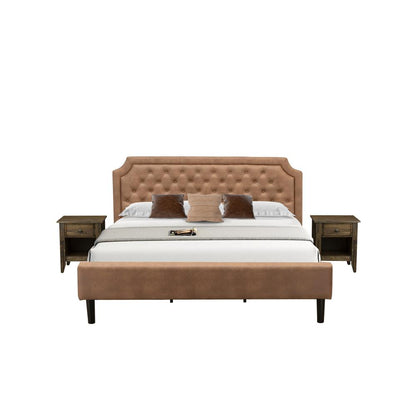 GB28K-2GA07 3-Piece Platform Bed Set with a Modern Bed and 2 Distressed Jacobean End Tables - Brown Faux Leather and Black Legs
