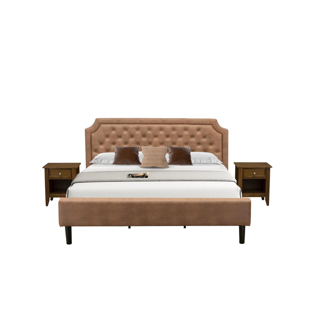 GB28K-2GA08 3-Pc Granbury Wooden Set for Bedroom with Frame and 2 Antique Walnut Nightstands - Brown Faux Leather and Black Legs