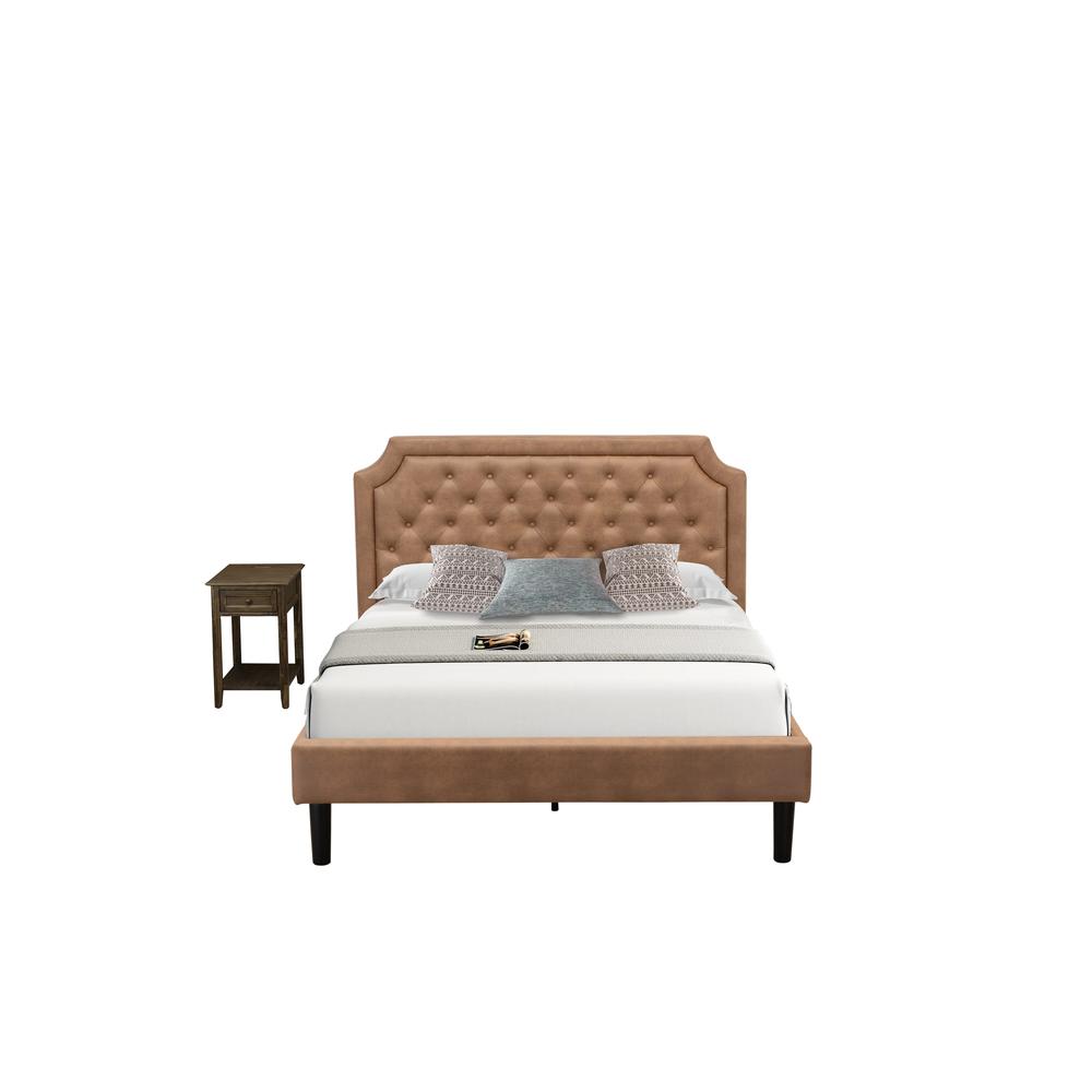 GB28Q-1DE07 2-Piece Platform Bed Set with a Platform Bed and 1 Distressed Jacobean End Tables - Brown Faux Leather and Black Legs