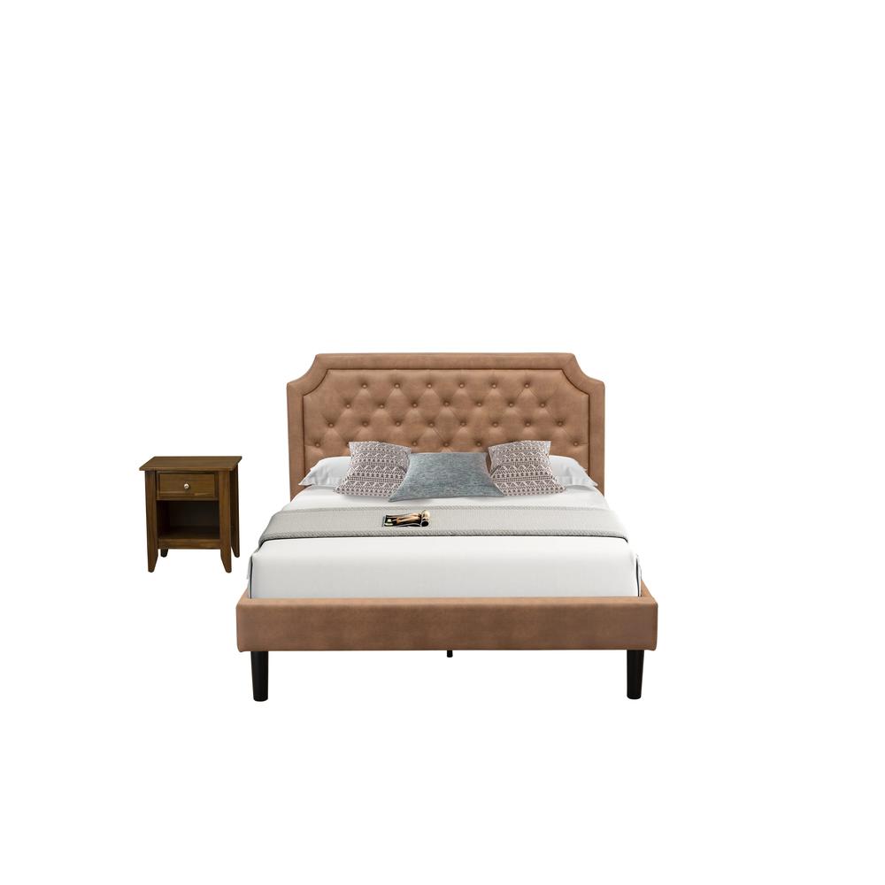 GB28Q-1GA08 2-Piece Bed Set with a Queen Size Bed and 1 Antique Walnut Mid Century Nightstand - Brown Faux Leather and Black Legs