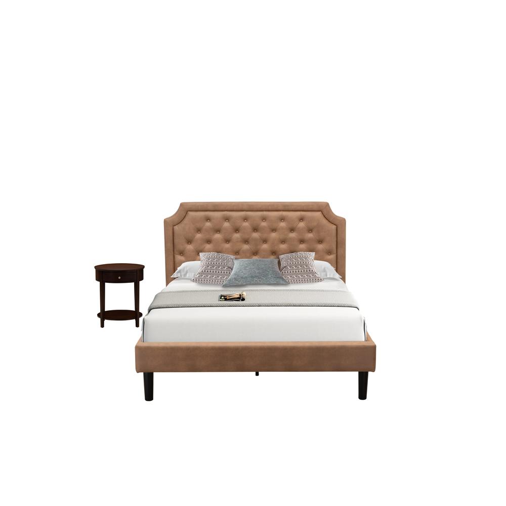 GB28Q-1HI0M 2-Pc Wooden Set for Bedroom with Queen Bed and Antique Mahogany Modern Nightstand - Brown Faux Leather and Black Legs