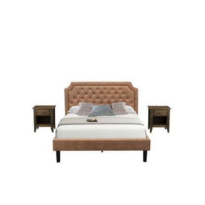 GB28Q-2GA07 3-Piece Bedroom Set with a Queen Size Bed and 2 Distressed Jacobean End Tables - Brown Faux Leather and Black Legs