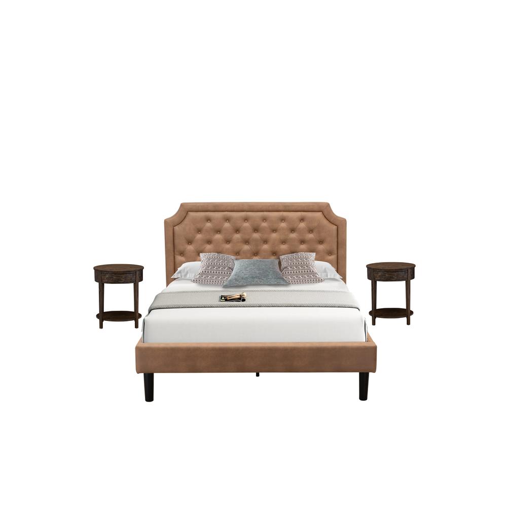 GB28Q-2HI07 3-Piece Wooden Set for Bedroom with Bedframe and 2 Distressed Jacobean End Tables - Brown Faux Leather and Black Legs