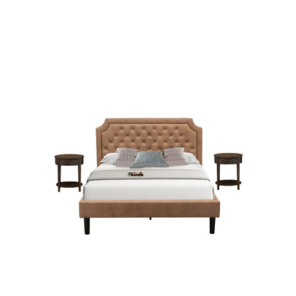 GB28Q-2HI07 3-Piece Wooden Set for Bedroom with Bedframe and 2 Distressed Jacobean End Tables - Brown Faux Leather and Black Legs
