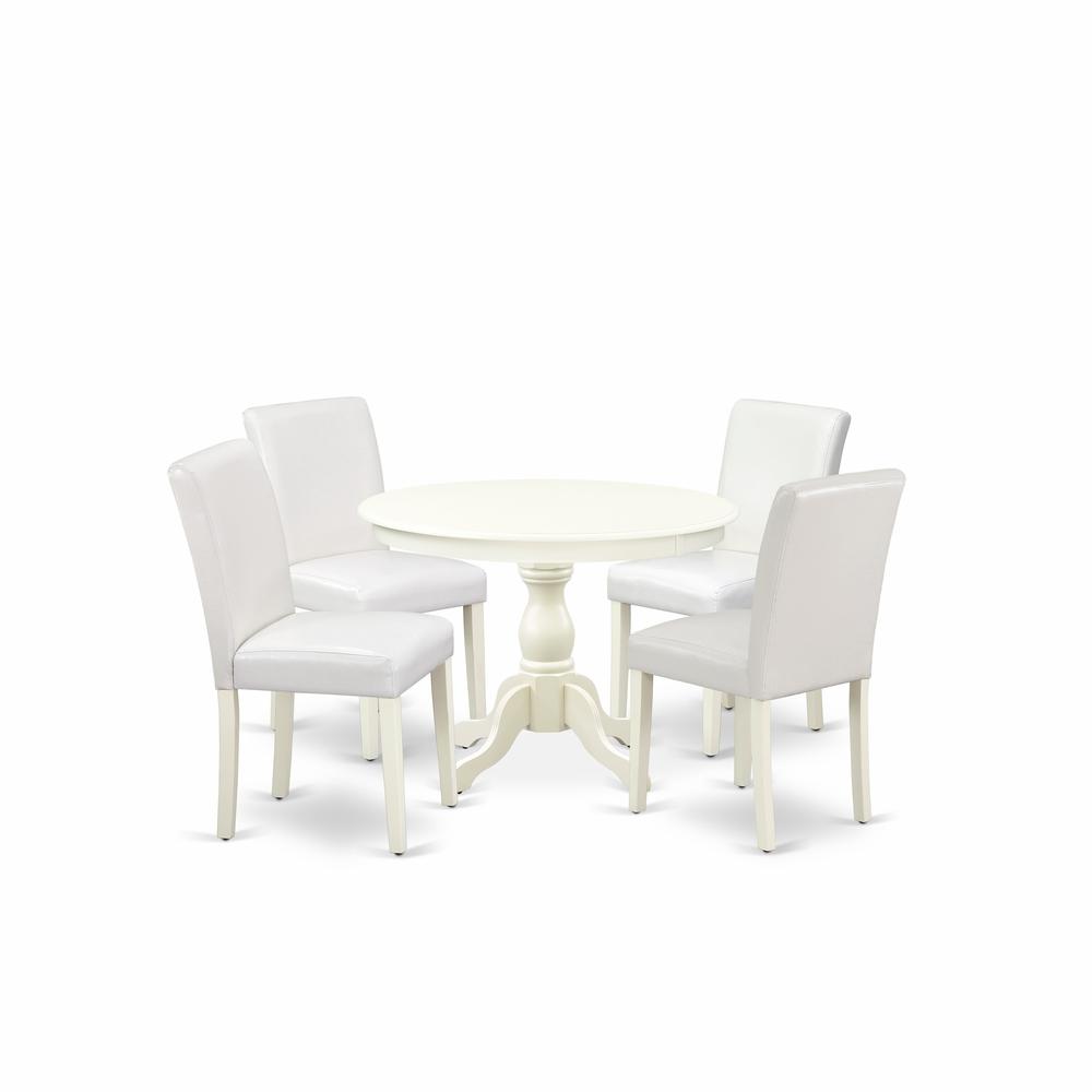 East West Furniture HBAB5-LWH-64 5 Piece Dining Table Set - Linen White Small Dining Table and 4 White Faux Leather Mid Century Modern Dining Chairs with High Back - Linen White Finish