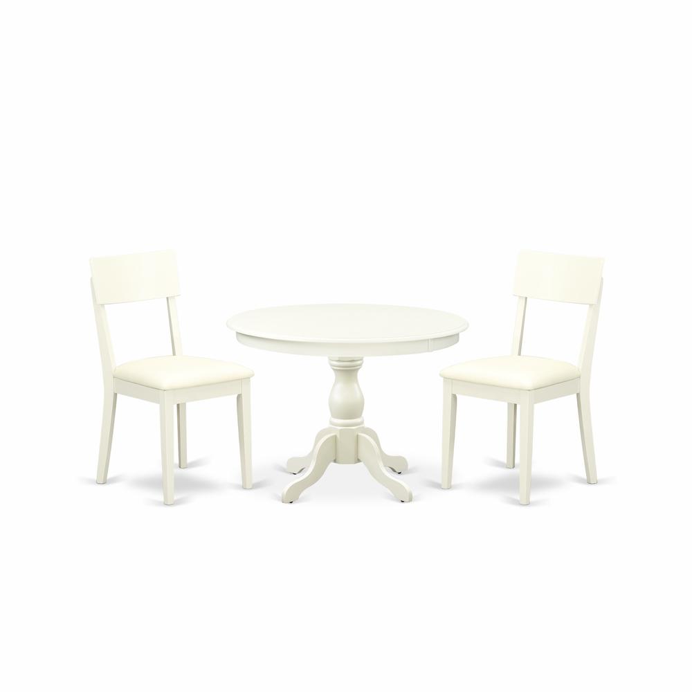 East West Furniture HBAD3-LWH-C 3 Piece Kitchen Set - Linen White Dining Room Table and 2 Linen White Faux Leather Dining Chairs with Andy Slat Back- Linen White Finish