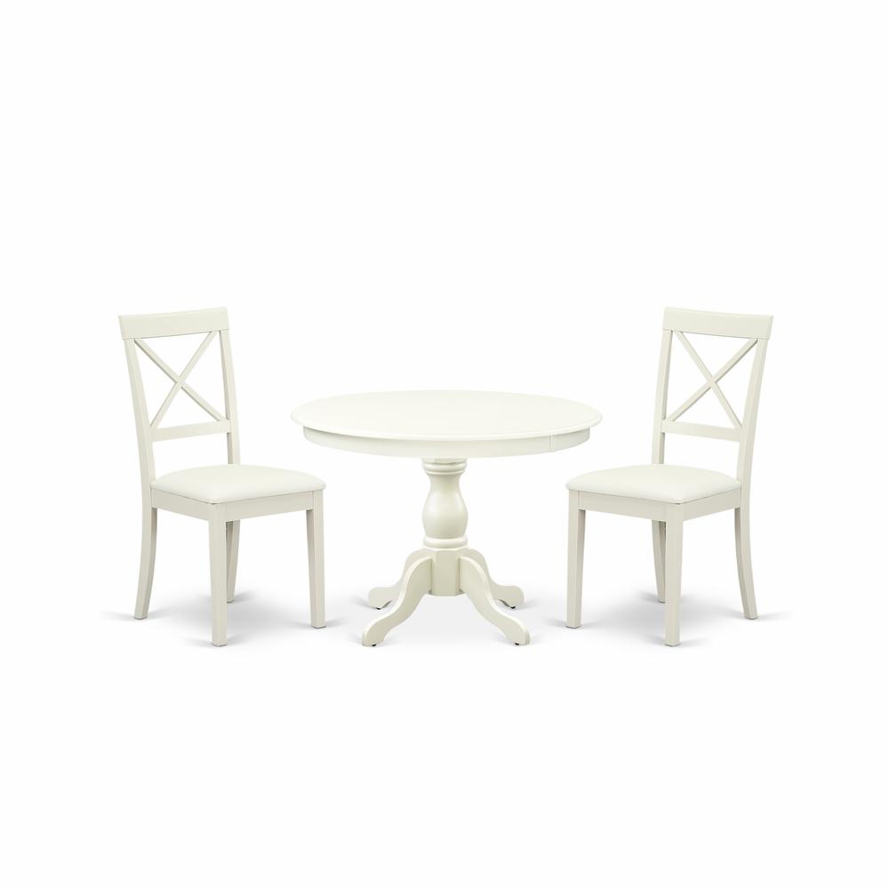 East West Furniture HBBO3-LWH-C 3 Piece Dining Room Set - Linen White Wood Table and 2 Linen White Faux Leather Dining Room Chairs with X-Back - Linen White Finish